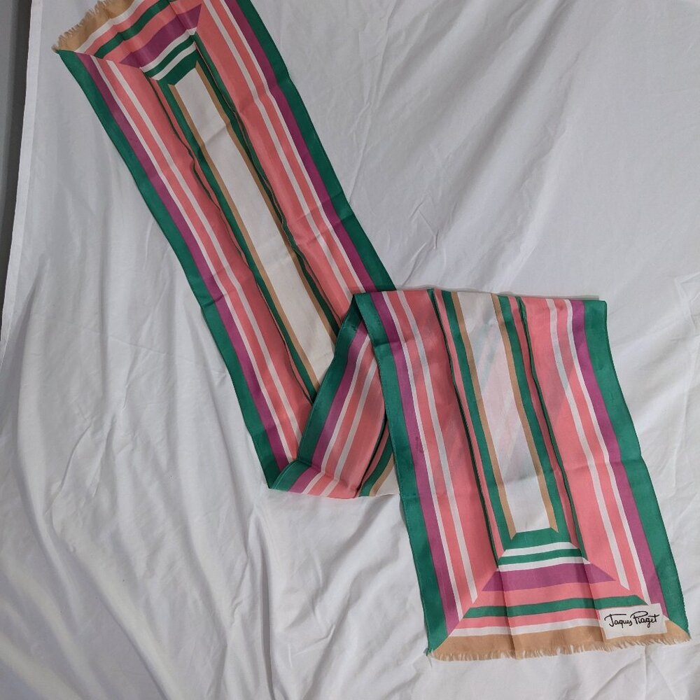 vintage green pink cream jacques piaget neck scarf 13" x 67" striped fringe
